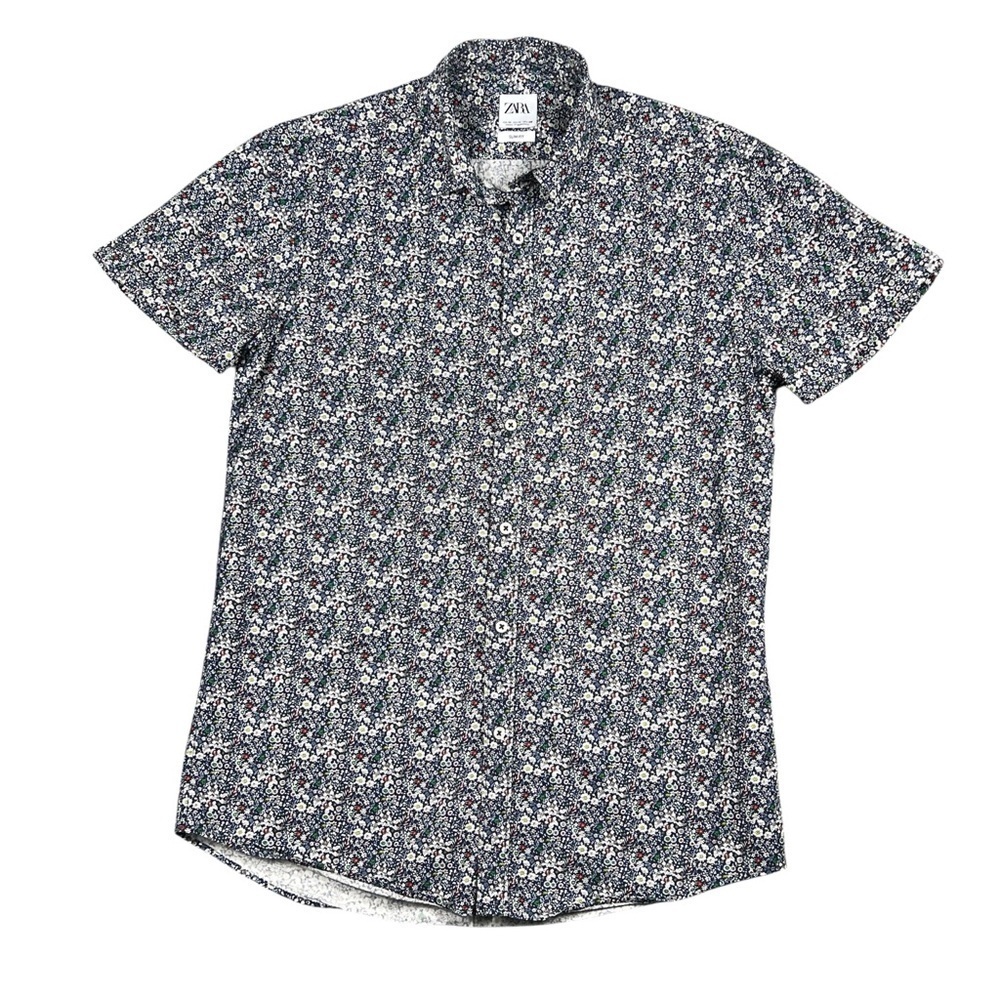 Zara Button Down Shirt Blue Floral Collared Men's Medium Slim Fit